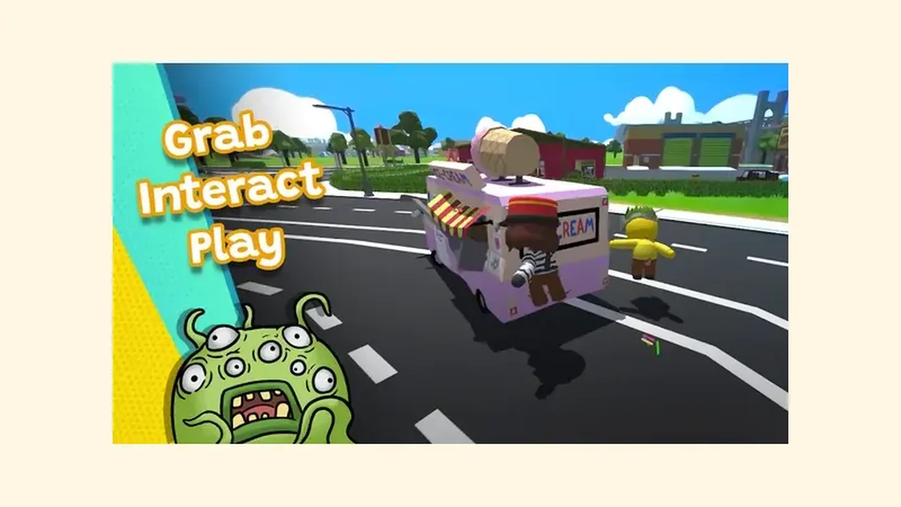 Wobbly Life character grabbing and playing with an ice cream truck in town