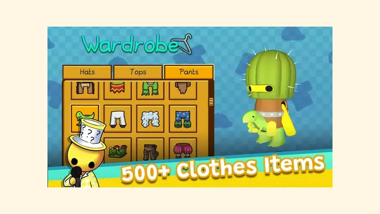 Wobbly Life wardrobe screen with hats, tops and pants beside a cactus costume
