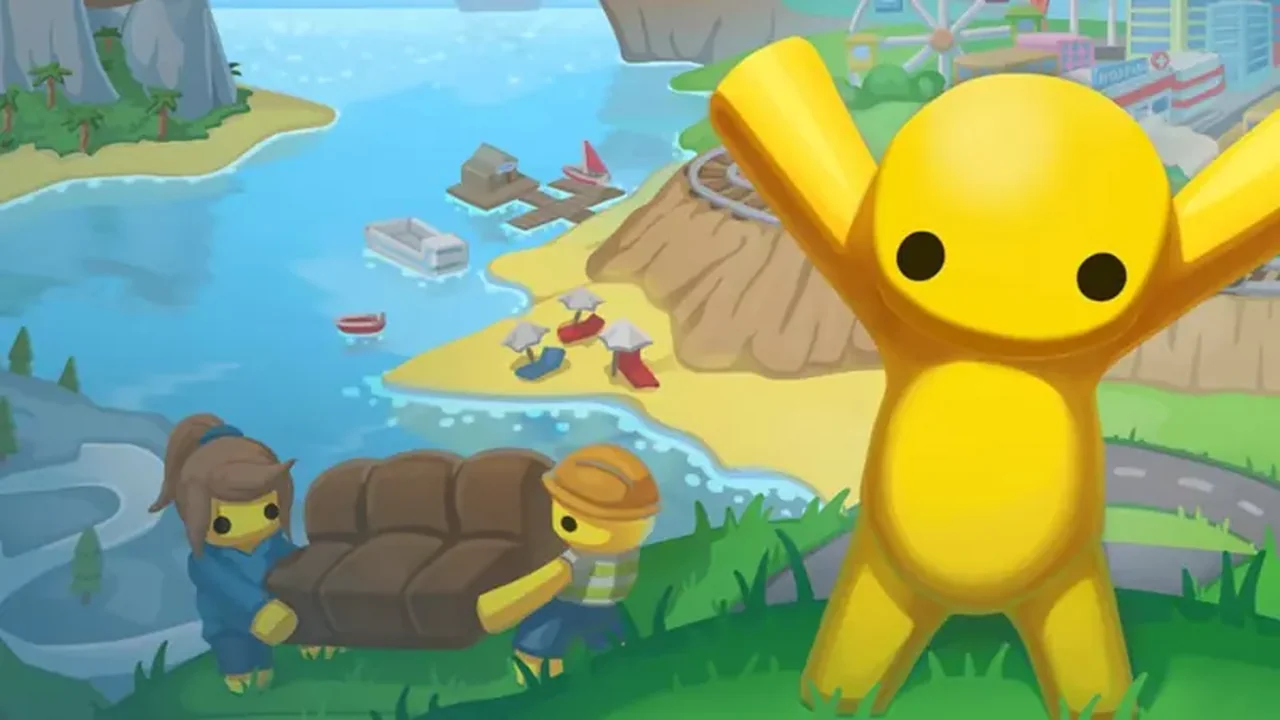 Wobbly Life characters carrying a brown couch through a sunny island town
