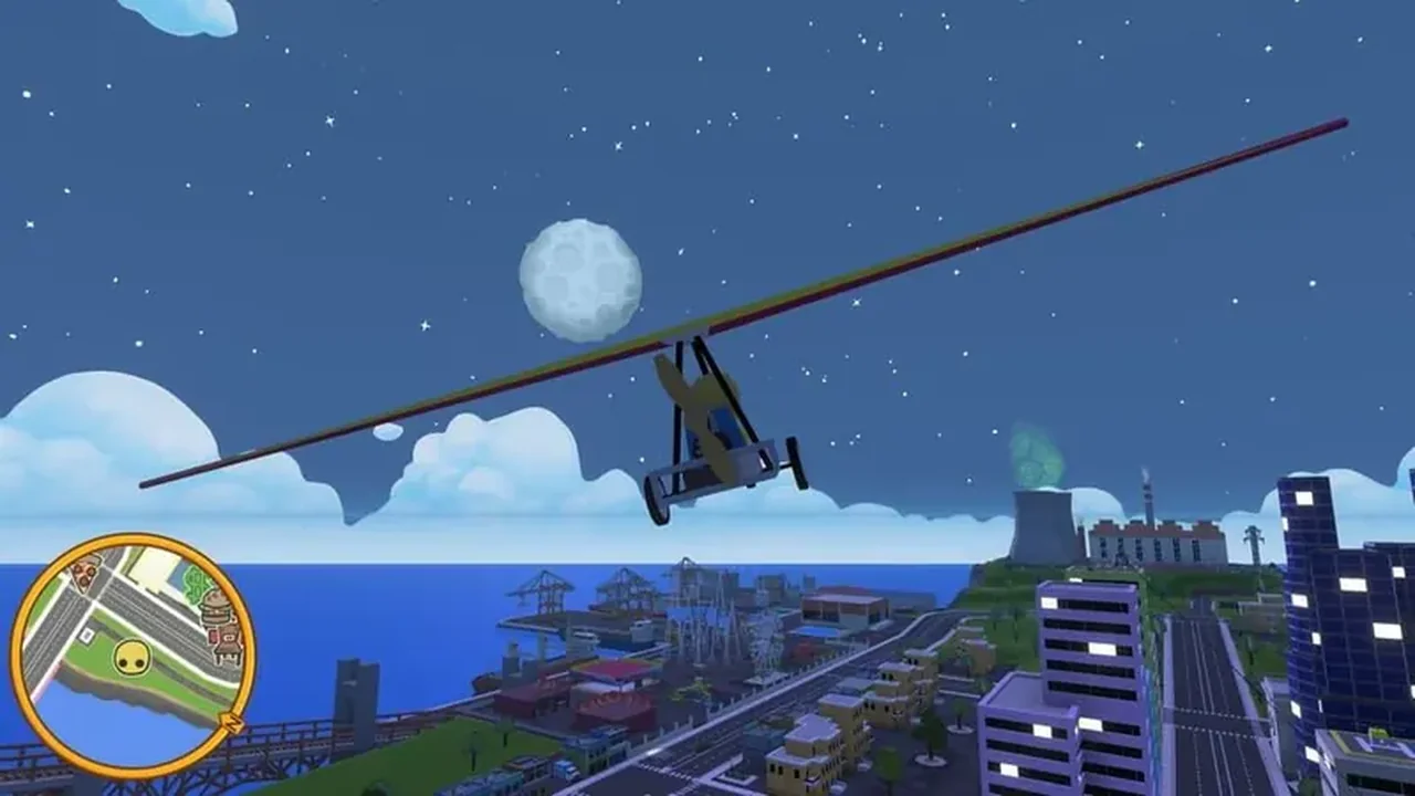 Wobbly Life character gliding over a coastal city at night