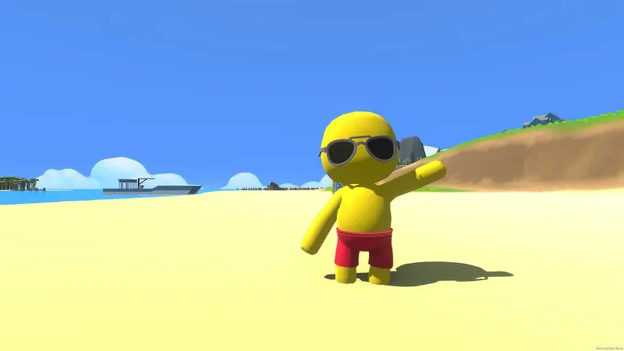Wobbly Life character in sunglasses relaxing on a sunny beach