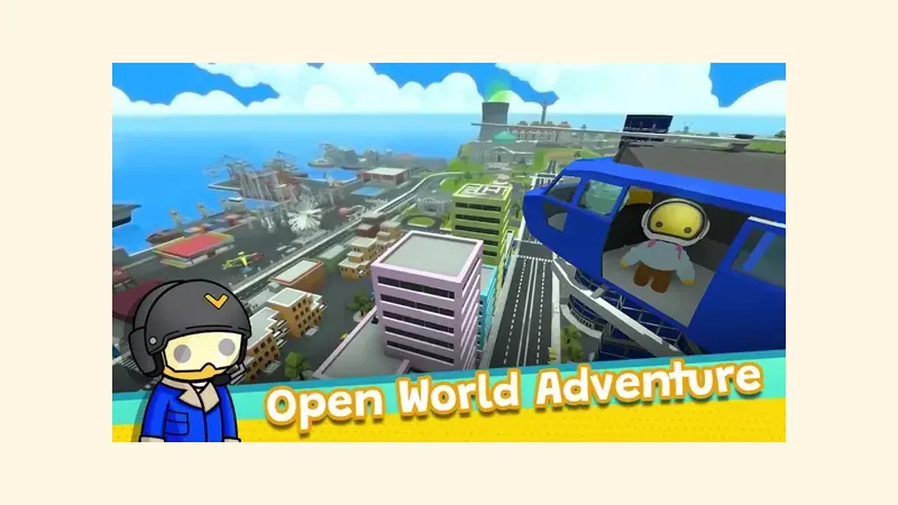 Wobbly Life open world island view with a helicopter and city buildings