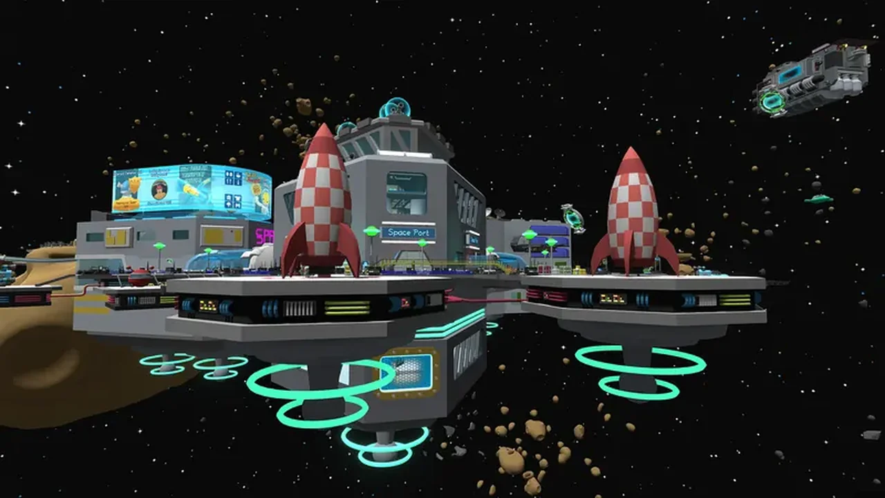 Wobbly Life space station with rockets floating above a planet