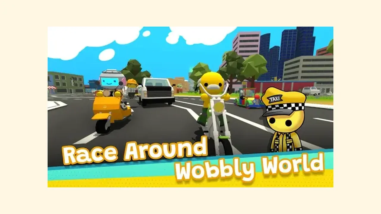Wobbly Life characters racing vehicles through city streets