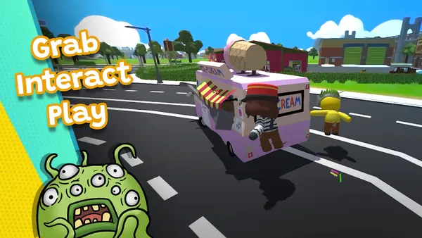 Wobbly Life character grabbing and playing with an ice cream truck in town