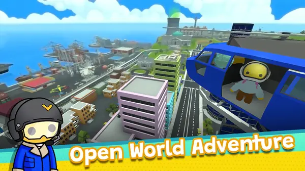 Wobbly Life open world island view with a helicopter and city buildings
