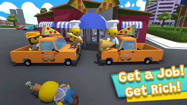 Wobbly Life pizza delivery job with two delivery trucks outside a restaurant