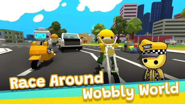 Wobbly Life characters racing vehicles through city streets